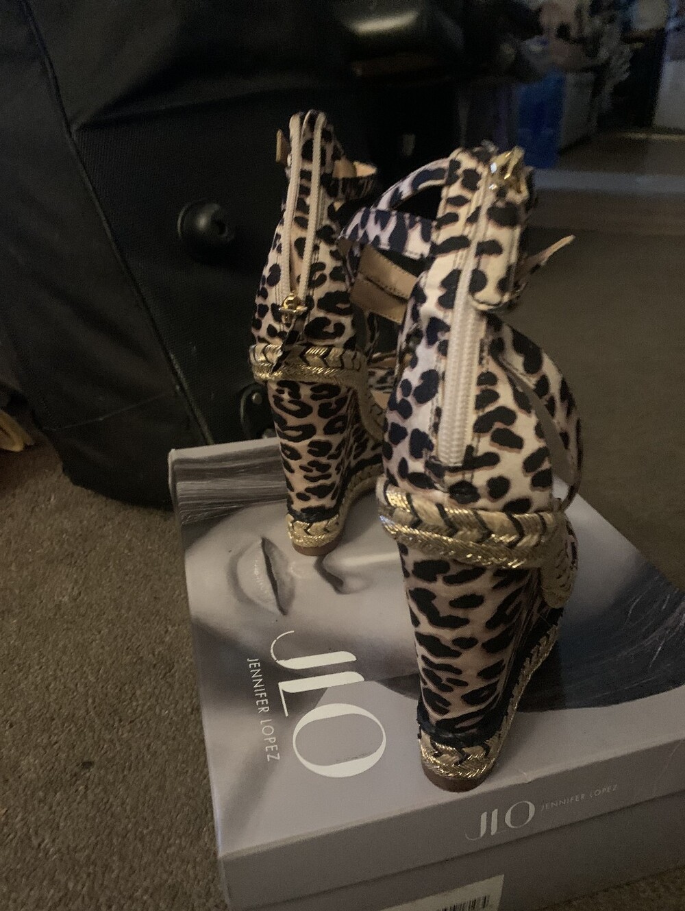 Jennifer Lopez Leopard-Print Wedge Sandals with Gold Trim - Picture 4 of 6